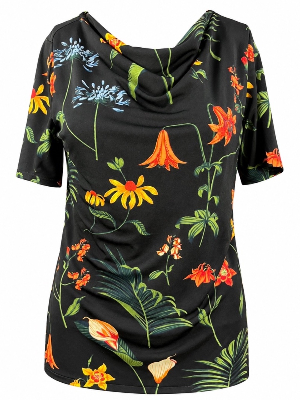 Ann Taylor Petite Floral Cowl Neck Top SP Black Tropical Print
